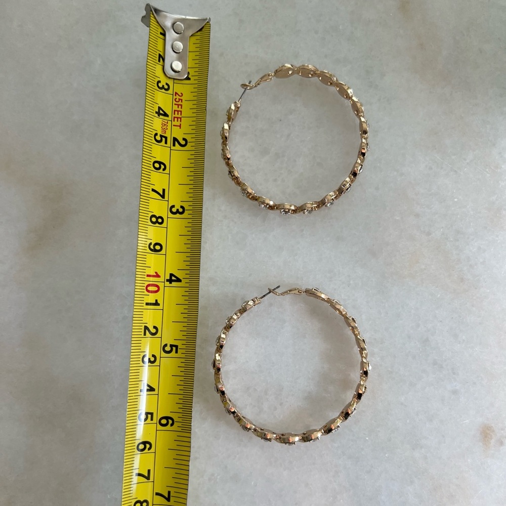 Gold Rhinestone Y2K Glitzy Holiday Festive Infinity Design Large Hoop Earrings - Picture 2 of 3